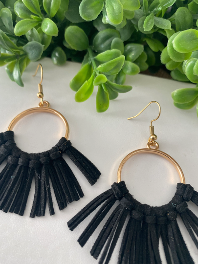 Round Genuine Leather Boho, Fringe Hoop Earrings