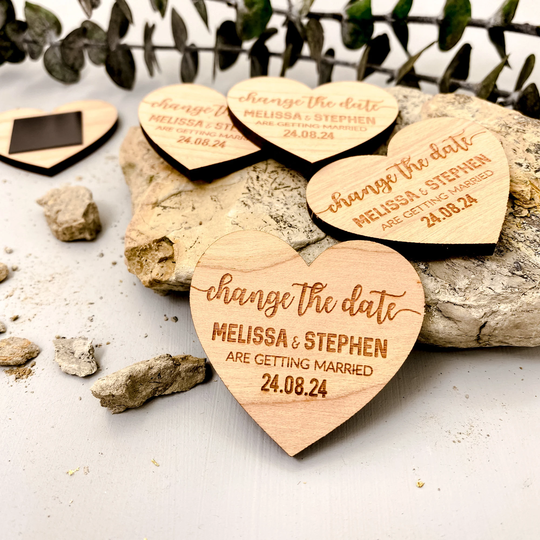 Change The Date, Save The Dates Magnet, Personalised Wedding Invites, Fall Winter Spring Summer Wood Heart Custom Bohemiam