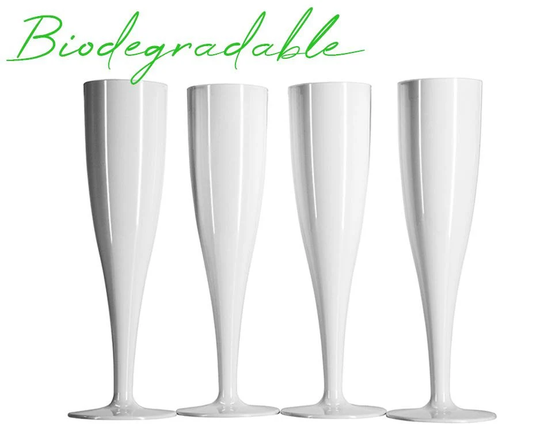 10 X White Prosecco Flutes - Biodegradable Material Disposable Glossy Bright Glass One Piece Pack Of