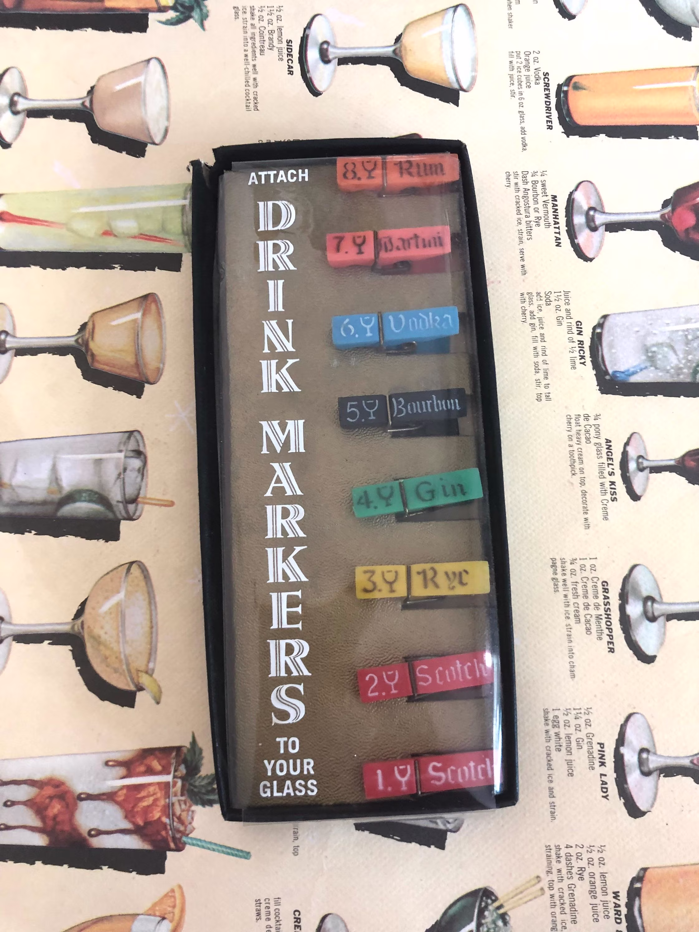 Vintage Drink Markers/Cocktail Glass Markers/Vintage Napkin Clips/Tiny Clothespins/Vintage Marker/Madmen Era Cocktail Marker