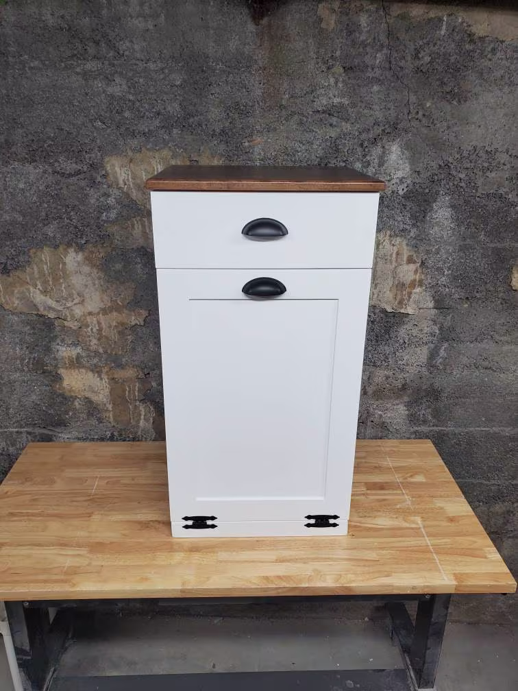 Wooden Trash Cabinet With Drawer, White Paint Base, Garbage Bin With Farmhouse Drawer