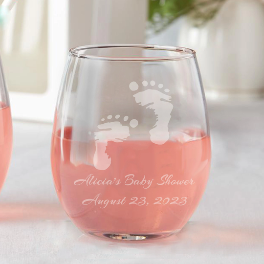 Set Of 12 Etched Stemless Wine Glasses Baby Feet Shower Favors Personalized Christening Baptism Party Girl Or Boy