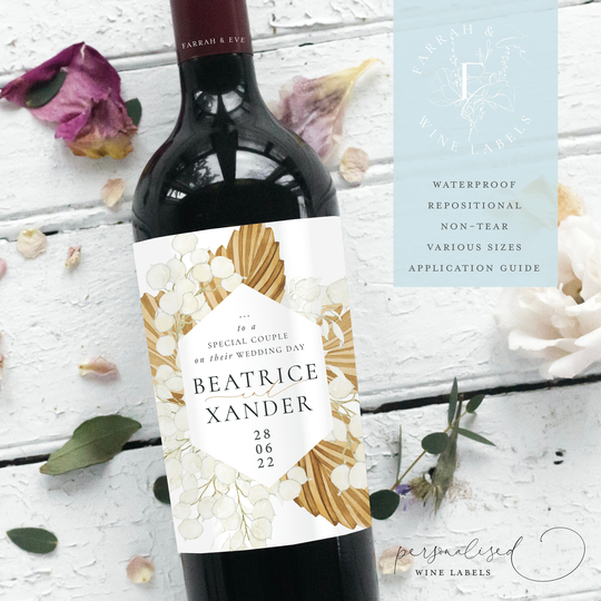 Personalised Wedding Day Wine Label | Boho Bride & Groom Newlyweds Label|Congratulations