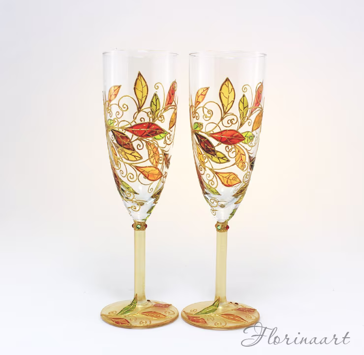 Autumn Leaves Glasses, Fall Wedding Glasses. Wine Hand Painted Glasses