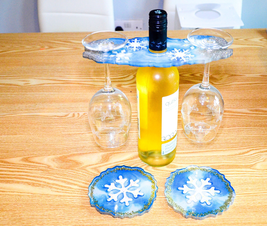 Christmas Holographic Snowflake Resin Art Wine Butler With 2 Coasters. Built To Hold Glasses