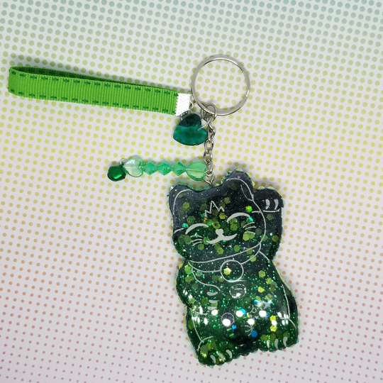 Green Lucky Cat Shaker Keychain Or Backpack/Purse Clip