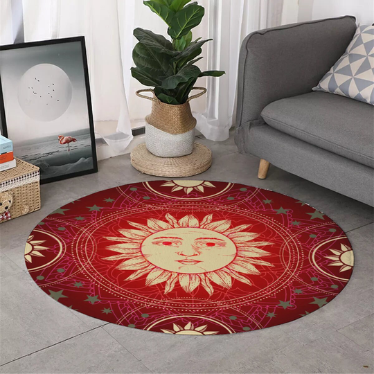 Boho Red & Gold Sun Round Area Rug