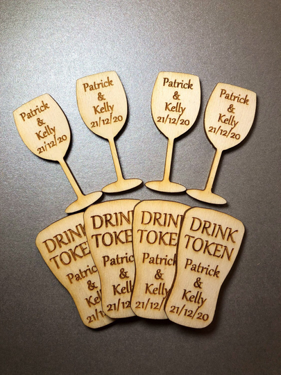 Personalised Pint & Wine Glasses Birch Drink Tokens Wedding Favours Party Celebration Wooden