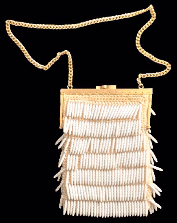 Vintage Beaded Purse 1960S Gogo Woven Raffia White Dangling Beads Gold Metal Trim Made in Italy Mod Fashion