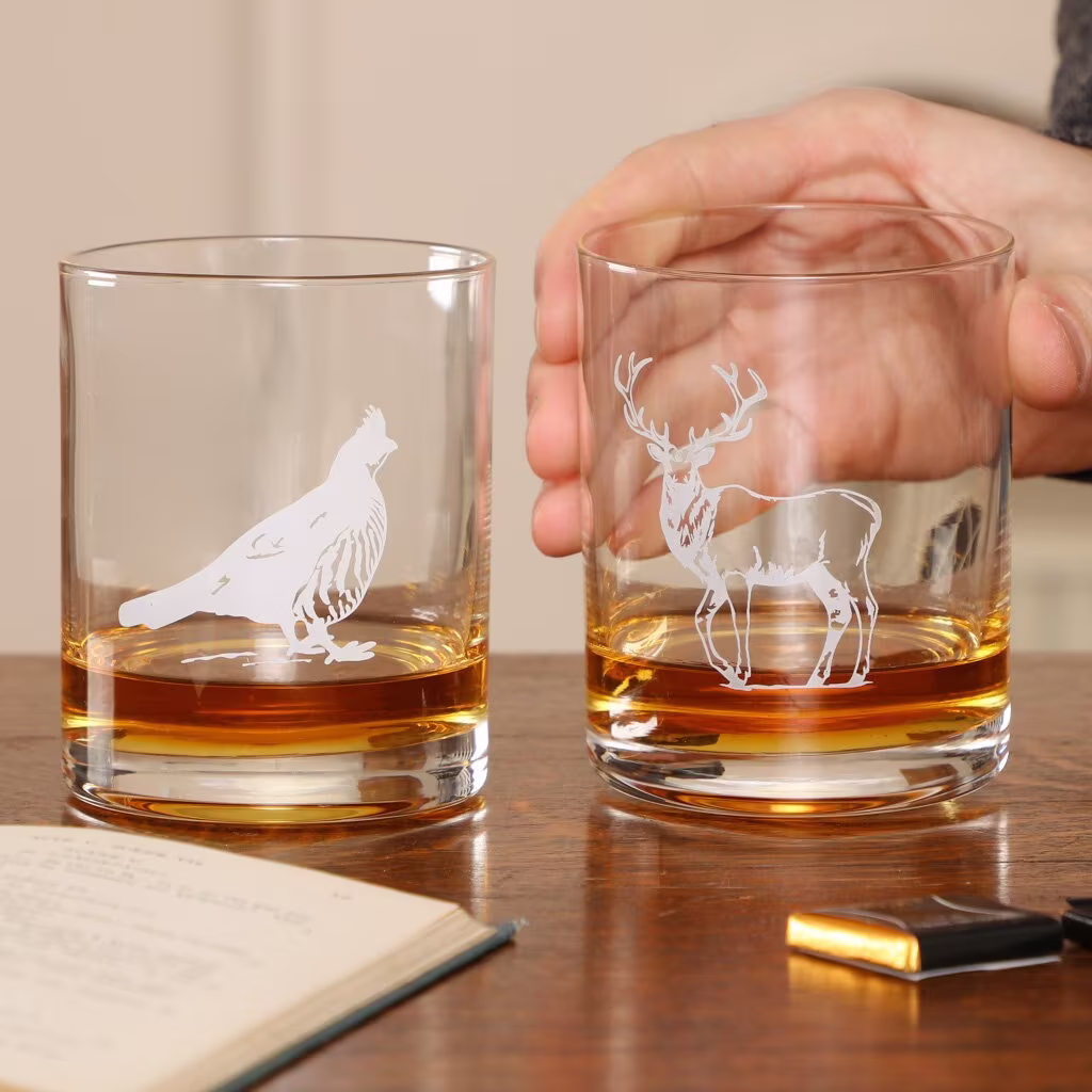 Set Of 4 Vintage Country Style Whisky Tumbler Nosing Glasses Pheasant/Stag Print Gift Idea