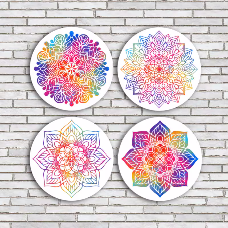 Rainbow Mandala Fridge Magnets Or Pinback Buttons Set Of 4 Large 2.25