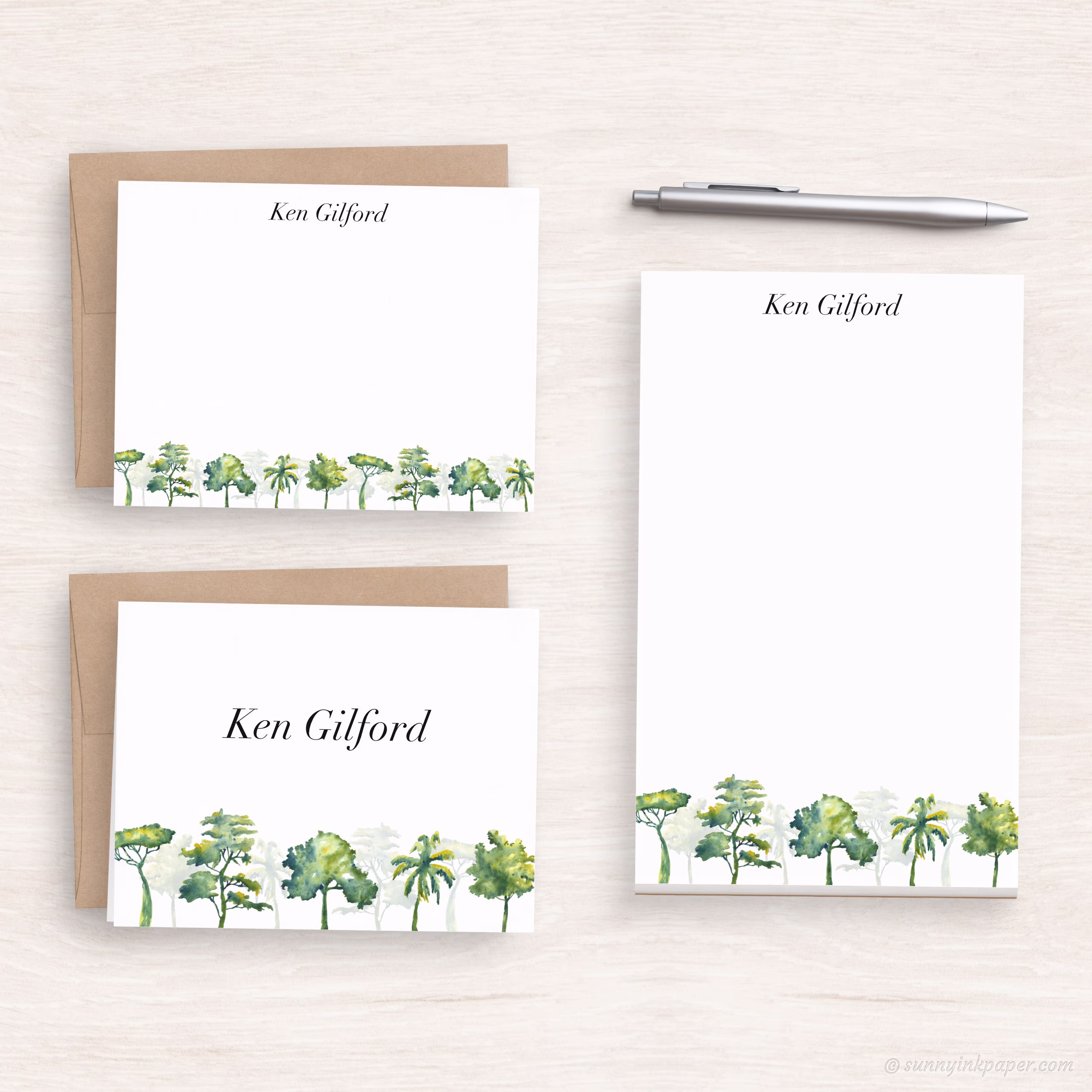 Personalized Tree Stationery - Watercolor Trees Writing Paper Set Customized Forest Gift For Her Greenery #204