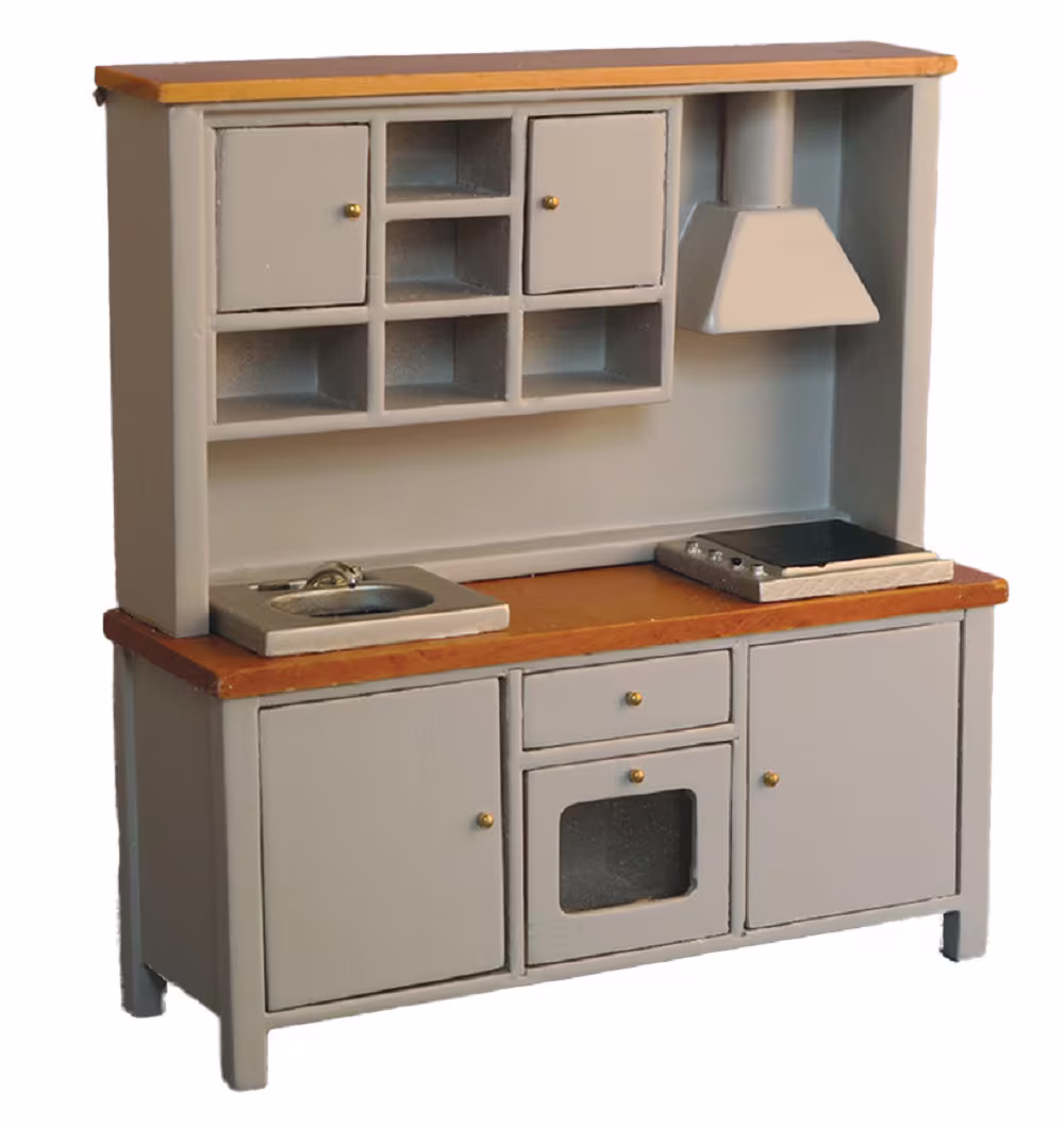 Dolls House Grey & Pine Complete Modern Kitchen Unit With Sink Oven & Hob