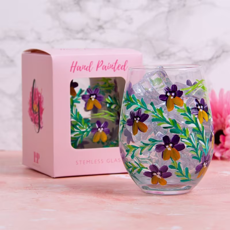 stemless Gin Glass 500Ml Hand Painted Copa Pansies Flowers Design Floral Tumbler