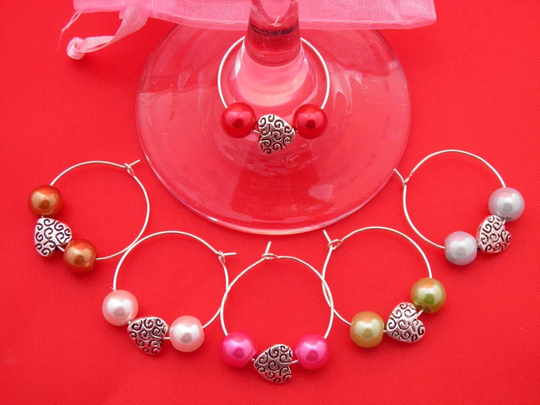Set Of 6 Handmade Hearts Wine Glass Charms