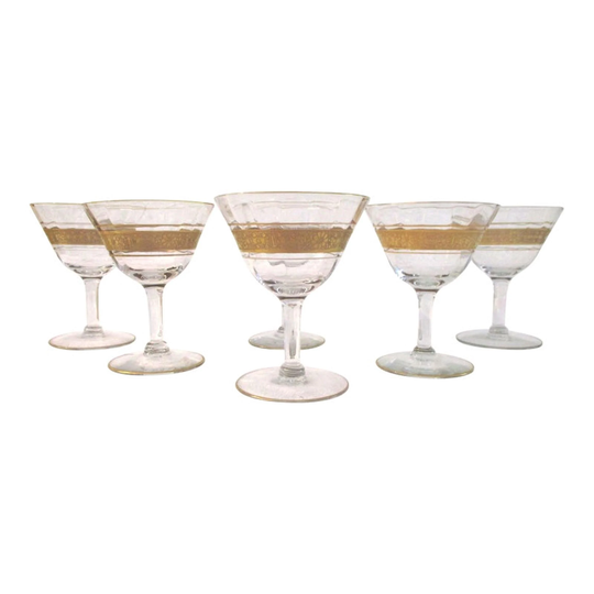 Tiffin Gold Encrusted Floral Banded Cocktail Coupes, S/6