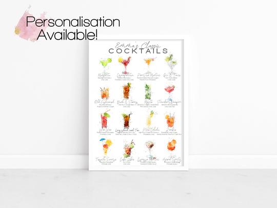 Classic Cocktails List Print, Cocktail Lover Gift, Personalised Bar Decor, Watercolour Alcohol Poster, Kitchen Wall Prints