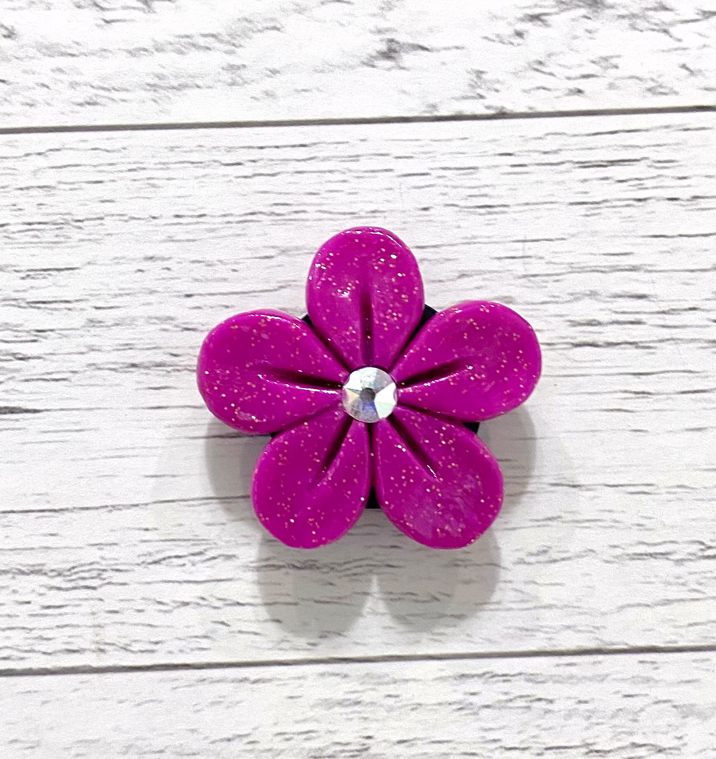 Handmade Violet, Blue, Or Hot Pink Clay Flower Magnet With Crystal & Glitter, For Fridge, Floral Decor, Cute Gift, Decoration