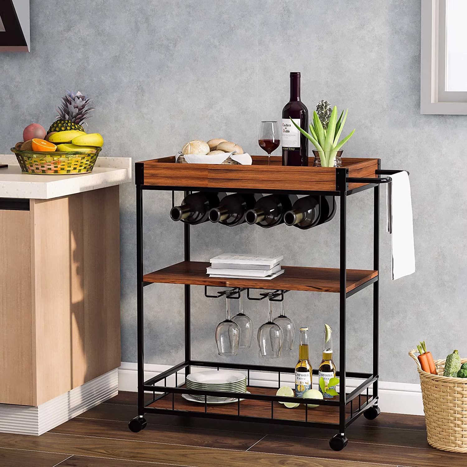 Industrial Drinks Trolley Rustic Metal Mini Bar Wine Glass Bottle Holder Storage Cabinet Vintage Retro Kitchen Serving Tray Cart Furniture