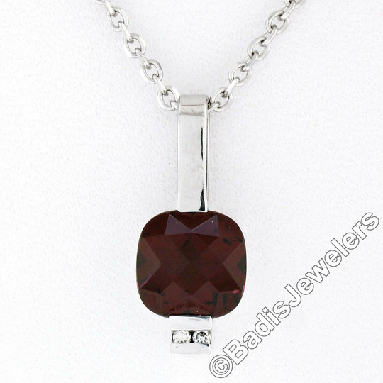Estate 14K White Gold 2.02Ctw Cushion Checkerboard Garnet Solitaire & Diamond Pendant On 16
