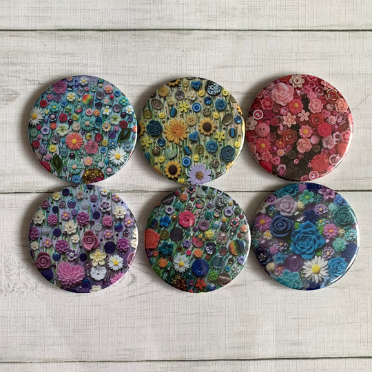 Printed Set Of 6 Floral Magnets, Small Round Art Fridge Flower Theme Decor, Magnet Gift Set, Lover