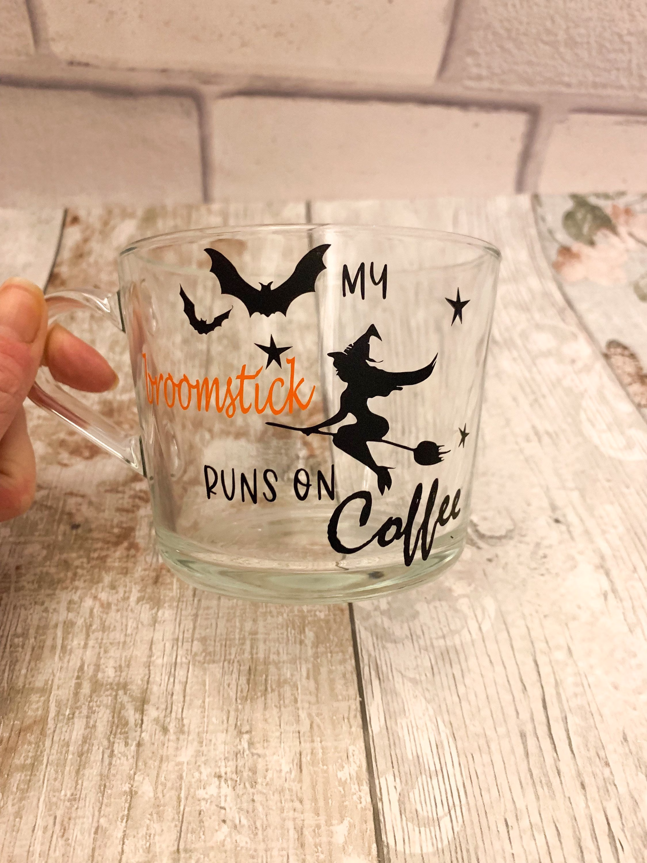 Witch Mug, Glassware, My Broomstick Runs On Coffee, Tea Cup, Gifts For Women, Halloween Mug, Glass Bat Mug