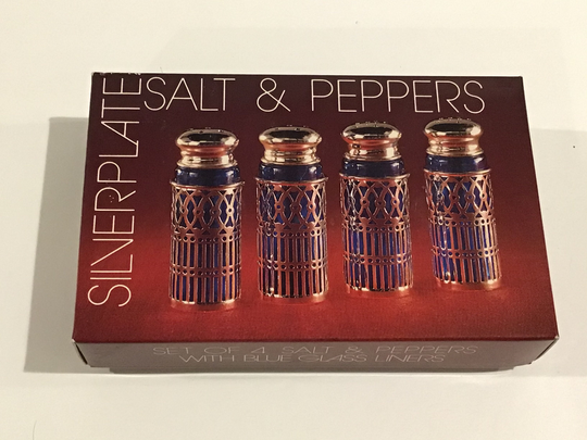 Cobalt Glass Salt & Pepper Shakers, With Silver Plated Sleeves, New, Set Of Four