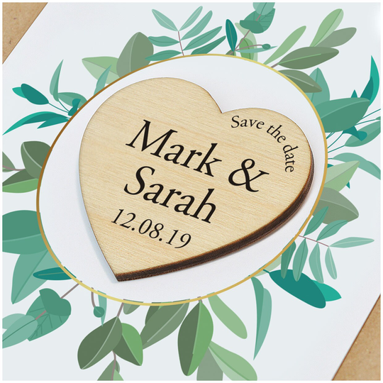 Eucalyptus Save The Date Magnet Card - Personalised Greenery Wooden Heart Magnets Botanical With Cards