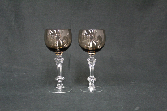 Vintage Smoked Glass Wine Goblets With Clear Stems Set Of 2 | V3957