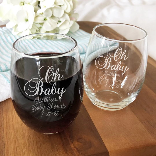 Set Of 12 | Engraved Oh Baby Shower Custom Stemless 9 Ounce Glass Wine Box Sold Separately Favors Party Dm16-A8