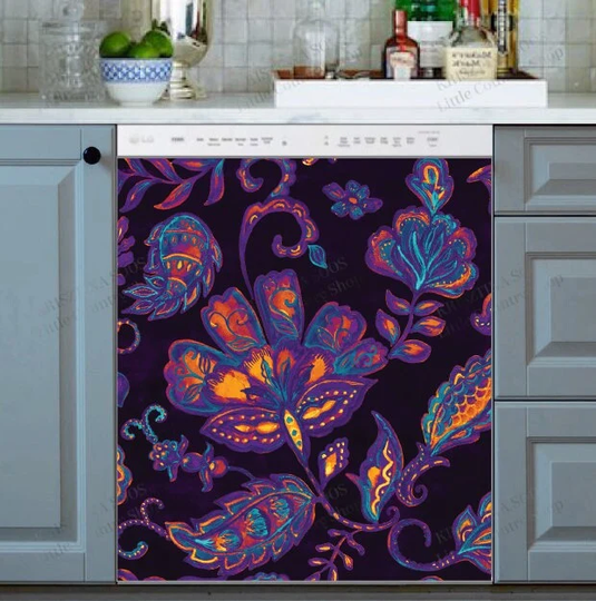 Kitchen Dishwasher Magnet Cover - Bohemian Folklore Paisley & Tulips Pattern #1