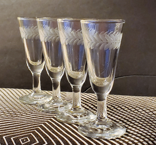 Five Vintage Stemmed Grey Cut Laurel Cordial Glasses