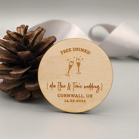 Free Drinks | Wooden Save The Date Magnet Invitation | Handwritten Font