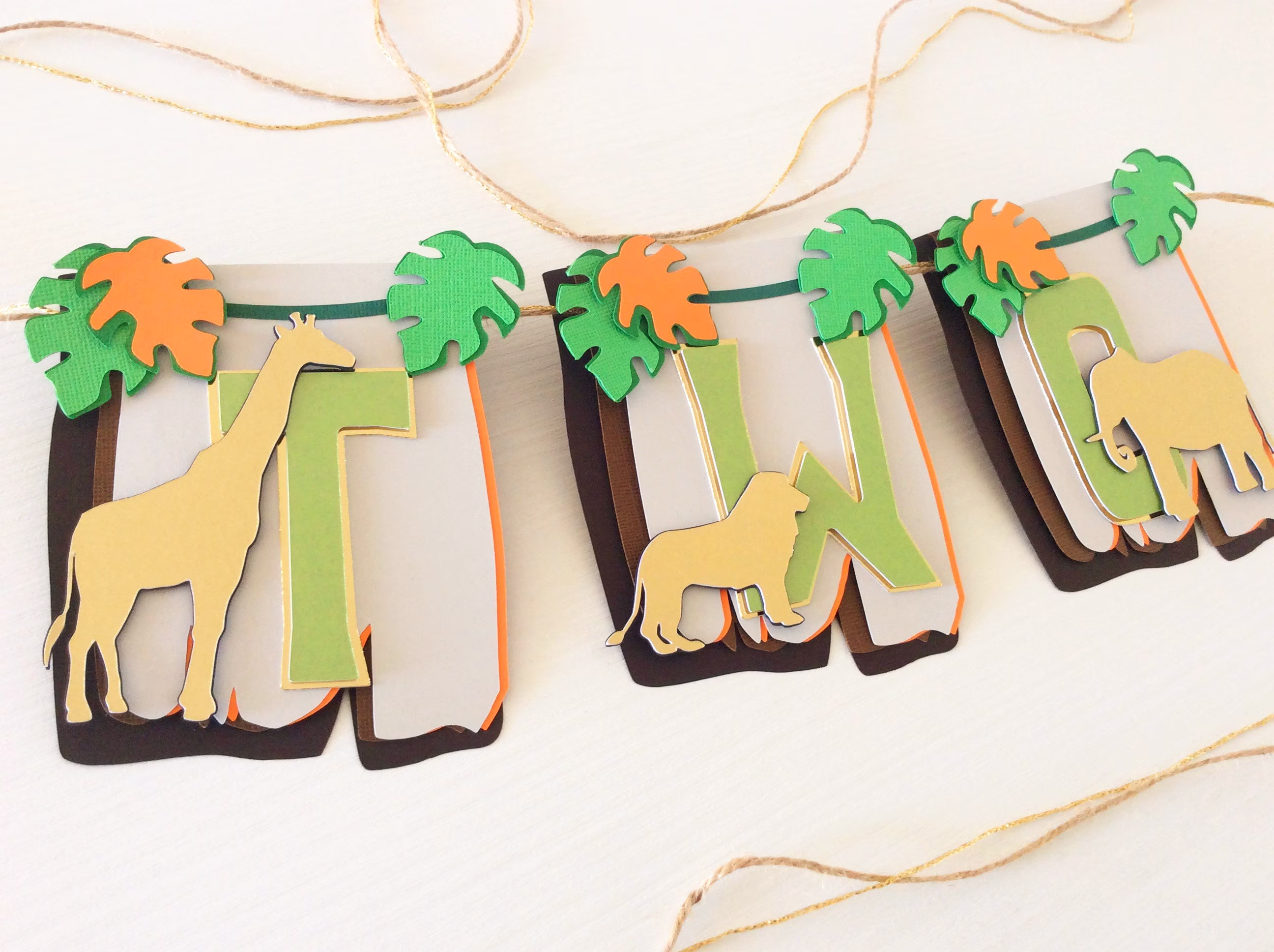 Jungle Safari Banner, Two Wild Birthday, Party, Decor, Giraffe Elephant Lion Silhouette