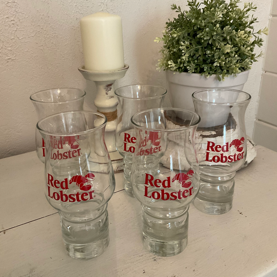 Vintage Red Lobster Hurricane Cocktail Glasses With The Words "Red Lobster