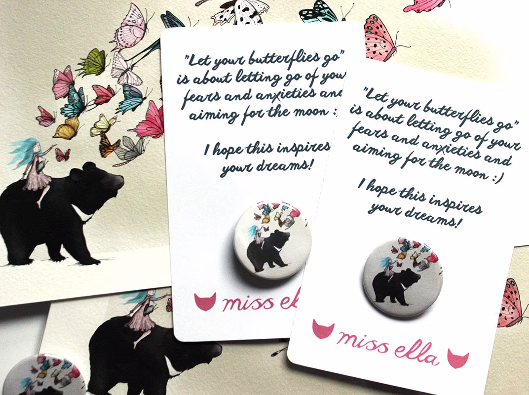 Moon Bear Butterflies - Badges Pin/Fridge Magnet Motivation Mothers Day Love Encouragement