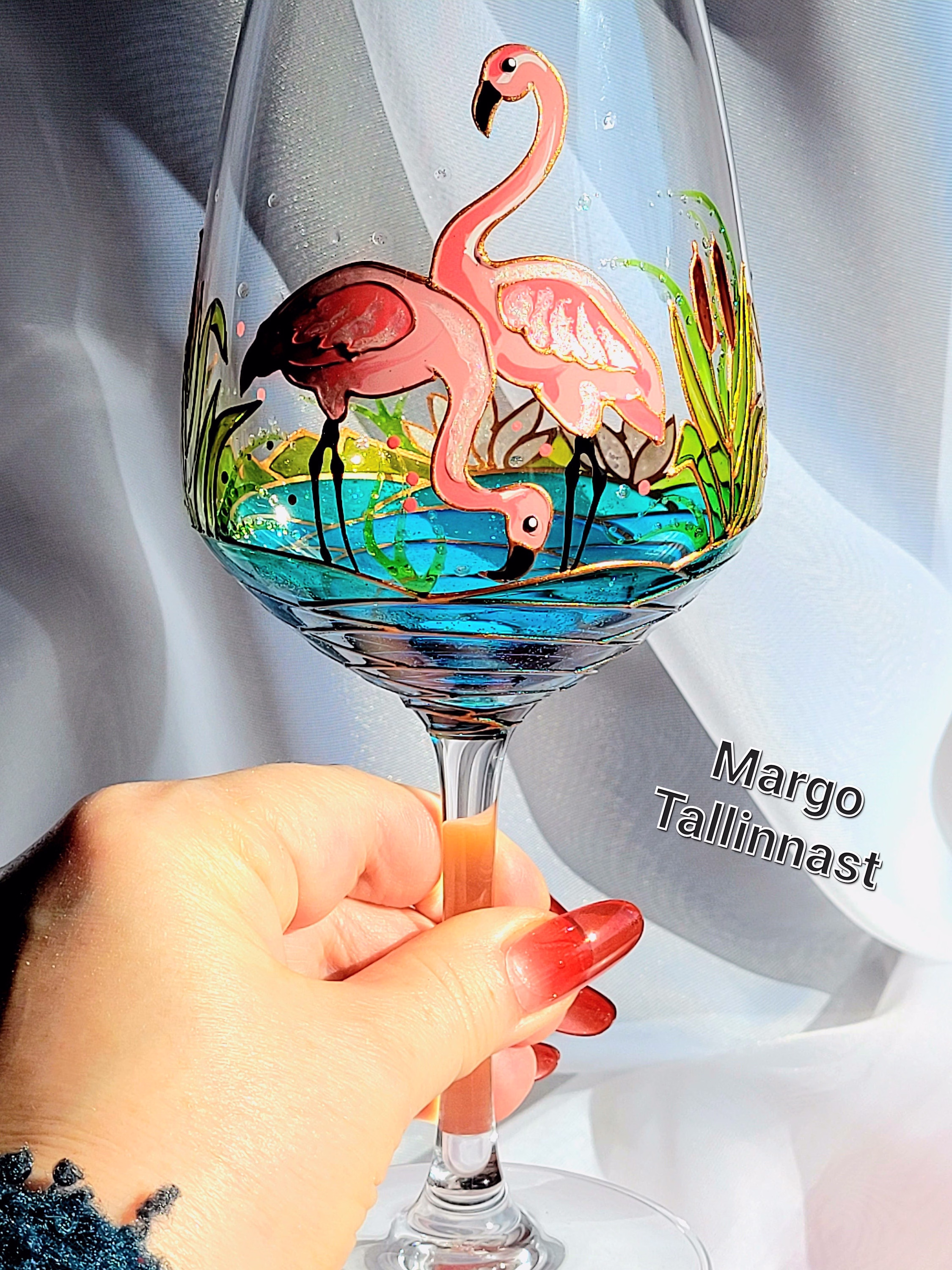 Pink Flamingo Wine Glass.personalized Bird Glass.hand Painted Custom Wedding Glass For Lover.water Lily Flowers Her