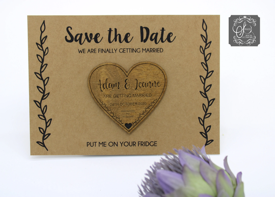 Heart & Laurel Detail Save The Date Wooden Fridge Magnet On Brown Card Background