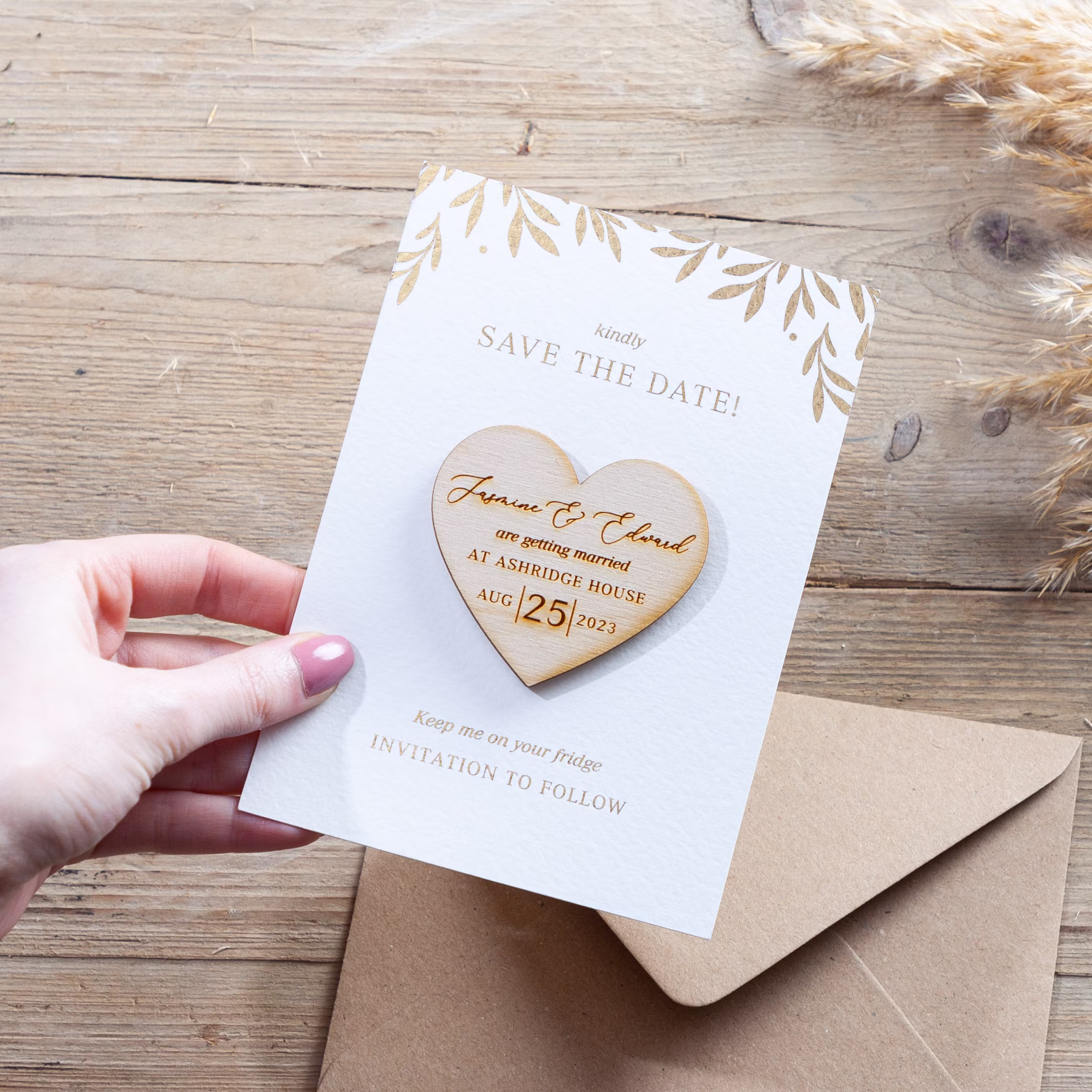 Gold Leaves Heart-Shaped Magnet Foiled Save The Date