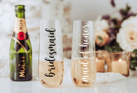 Wedding Flutes, Glass Bridesmaid Champagne Glasses, Personalized Custom Gift, Stemless Glass