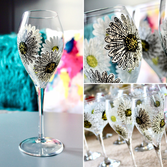 White Daisy Personalised Wine Glass, Hand Painted, Flower Design, Gift For Her, Birthday