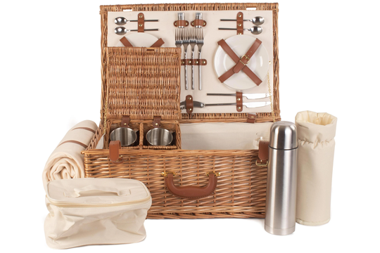 Personalisable 4 Person Deluxe Picnic Basket, Quintessential British Hamper For Four, Basket With Coordinated Accessories