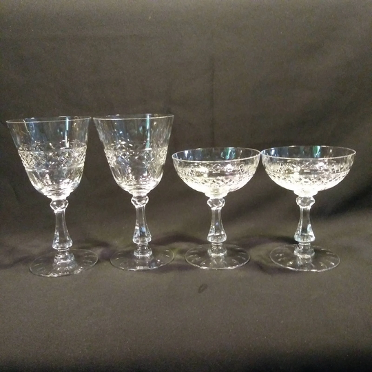 4 Pc Set Mixed Bubble Stem Cut Crystal Glassware