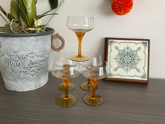 Gorgeous Amber Stemmed Martini Glass, Cocktail Unusual Flower Stem Detail