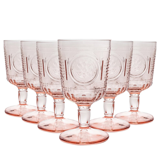 6x Wine Glasses Set Italian Red Wine Cut Glass Goblets Vintage Style Pink 320ml