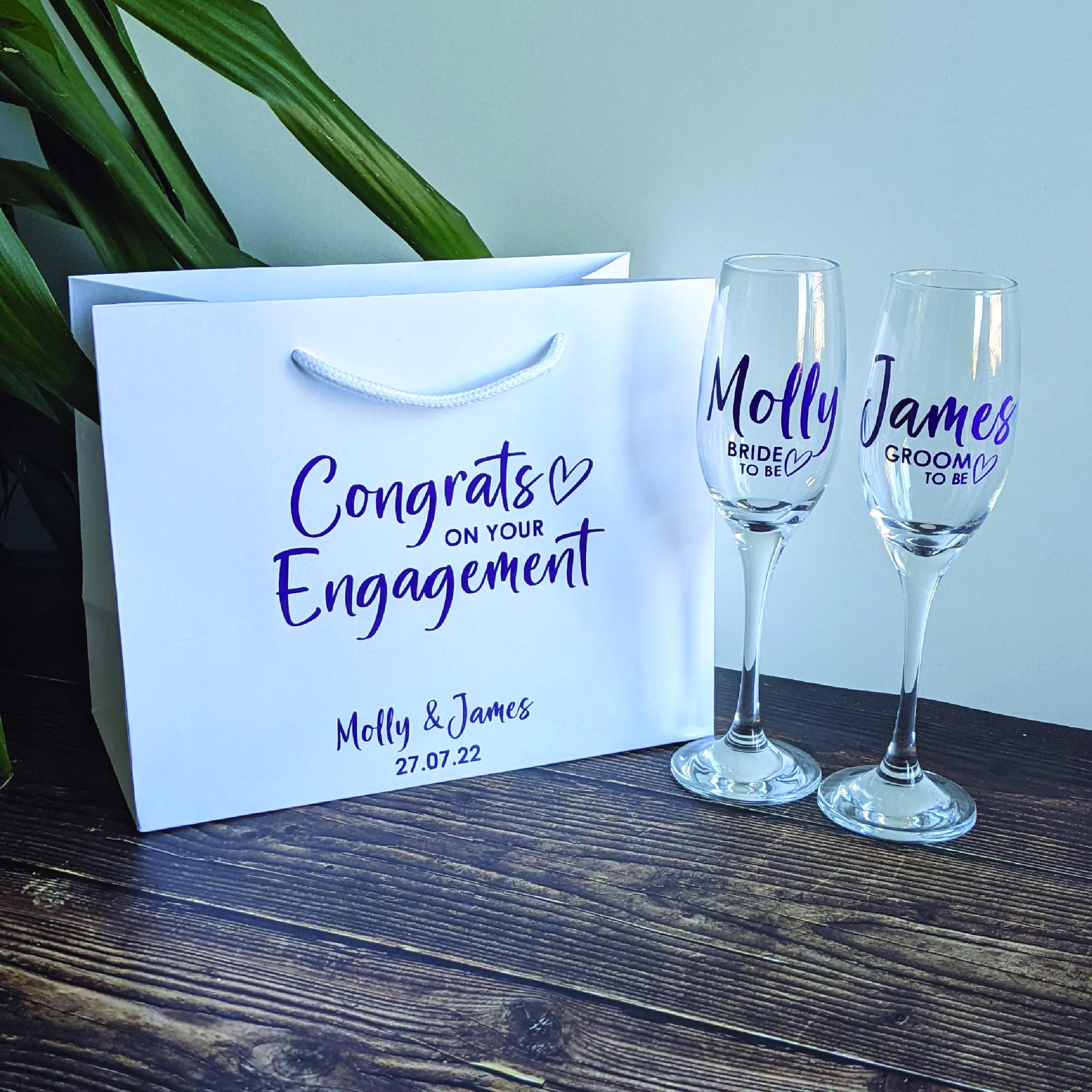 Congrats On Your Engagement Gift Set - Gift Bag With Bride & Groom To Be Champagne Glasses