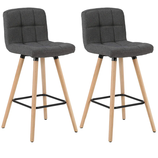 Bar Stools Set Of 2 PCS Soft Linen Seat Bar Chairs Breakfast Kitchen Counter Chairs Solid Wood Legs Barstools Dark Grey High Stools With Backrests & F