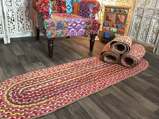 Pink Oval Jute Braided Rug 55 cm X 180