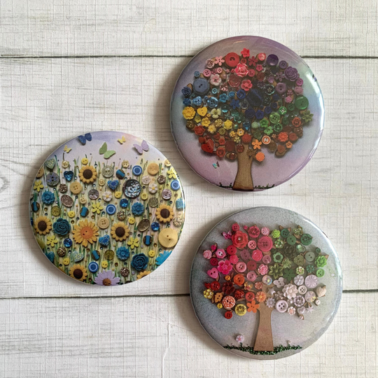 Printed Individual Floral Art Magnet, Mini Round Tree Print Sunflower Fridge Unique Gift, Colourful
