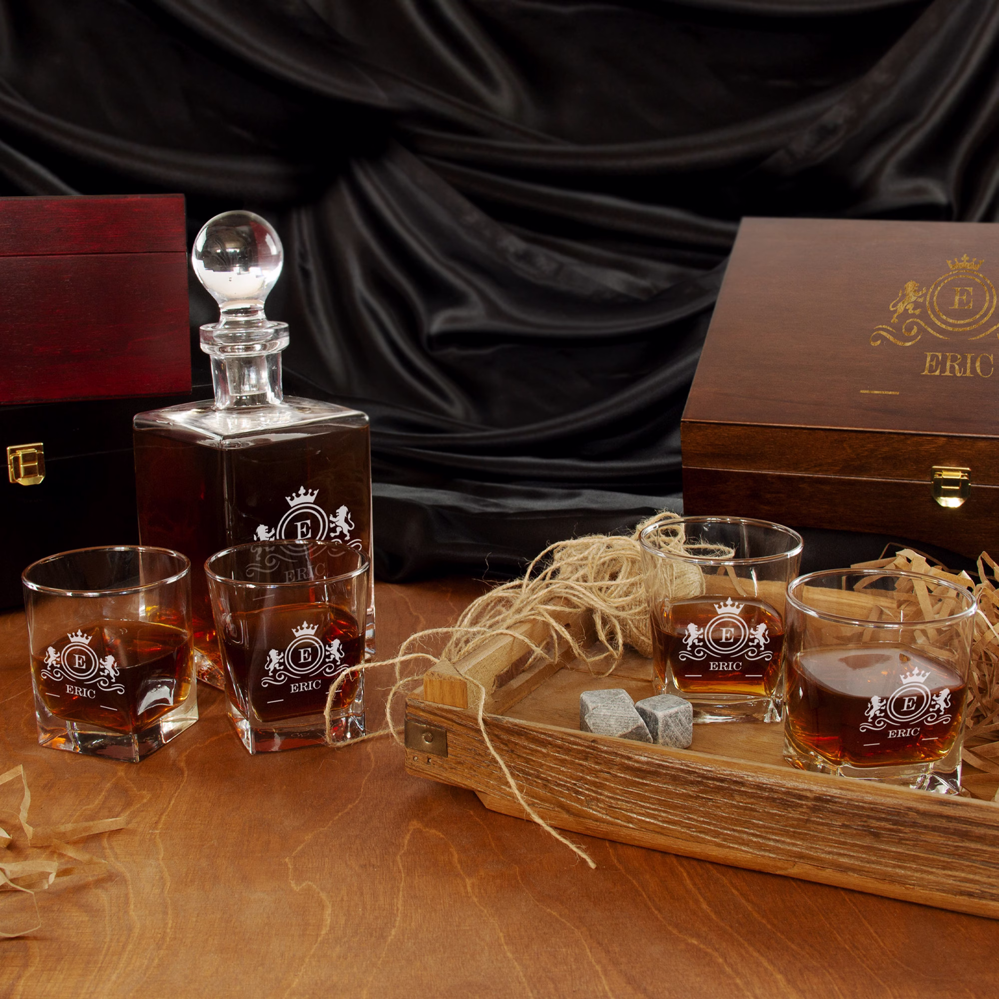 Custom Whiskey Decanter Set, Christmas Gift, Corporate Personalized Whisky Glass Set With Stones & Wood Box